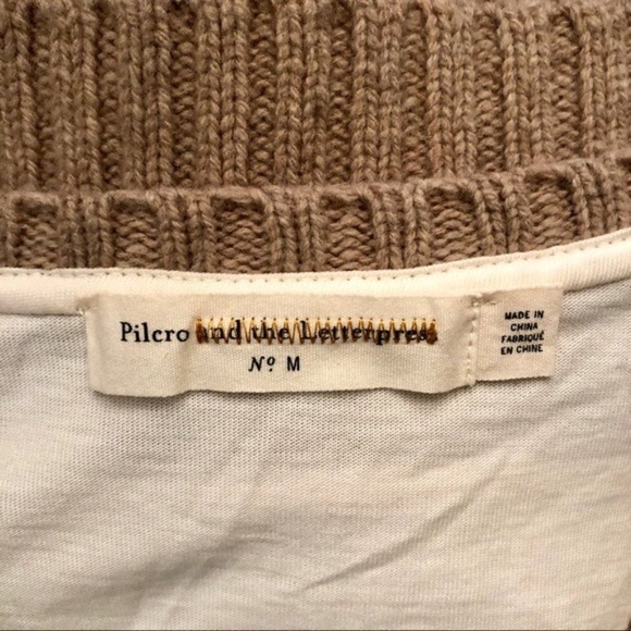 Anthropologie Pilcro Tan & White Cable Knit V Neck Sweater Medium - Picture 7 of 8